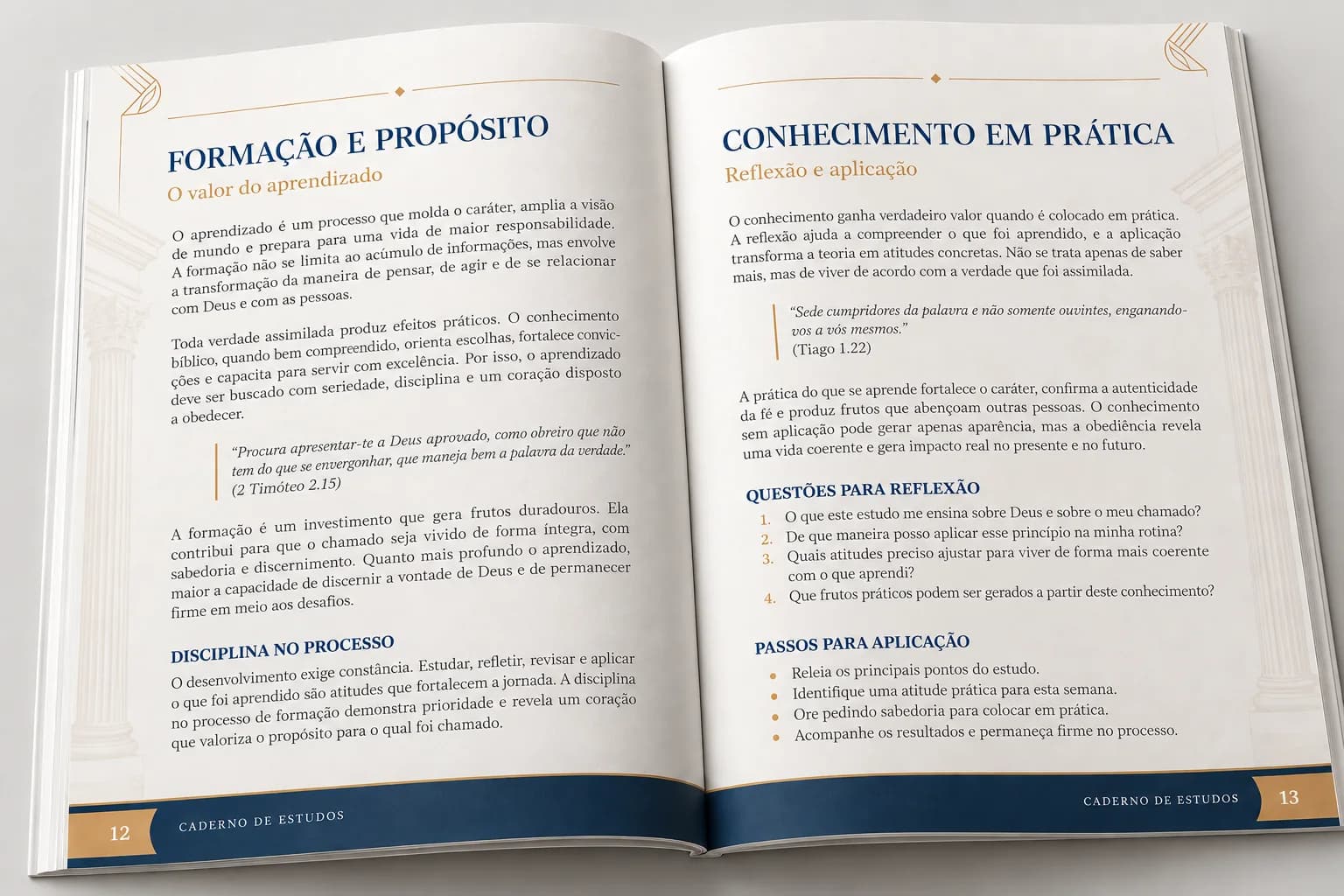 Apostila aberta com páginas de formação, citações destacadas e passos para aplicação