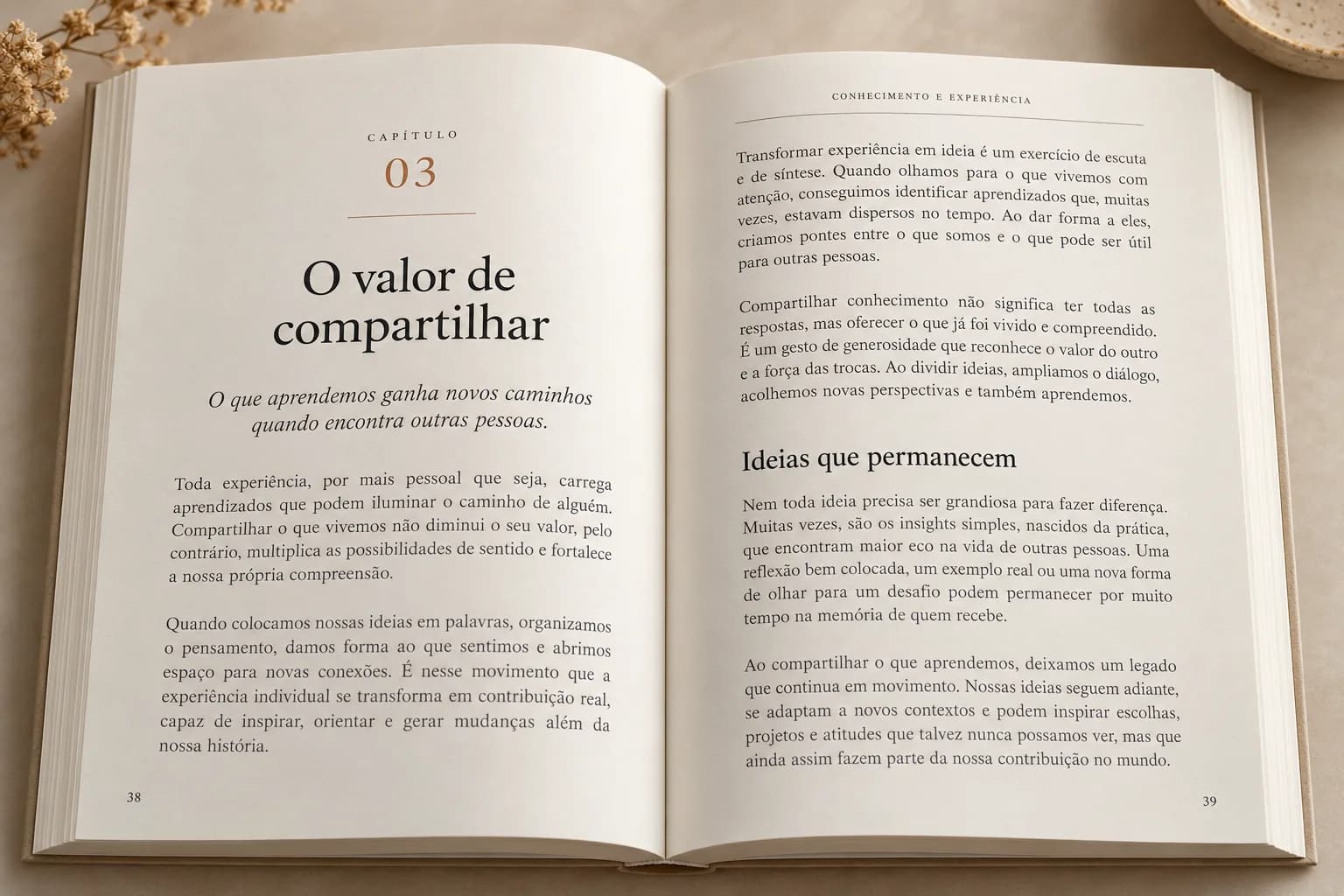 Livro aberto no capítulo 3, com título, subtítulo em itálico e texto corrido diagramado