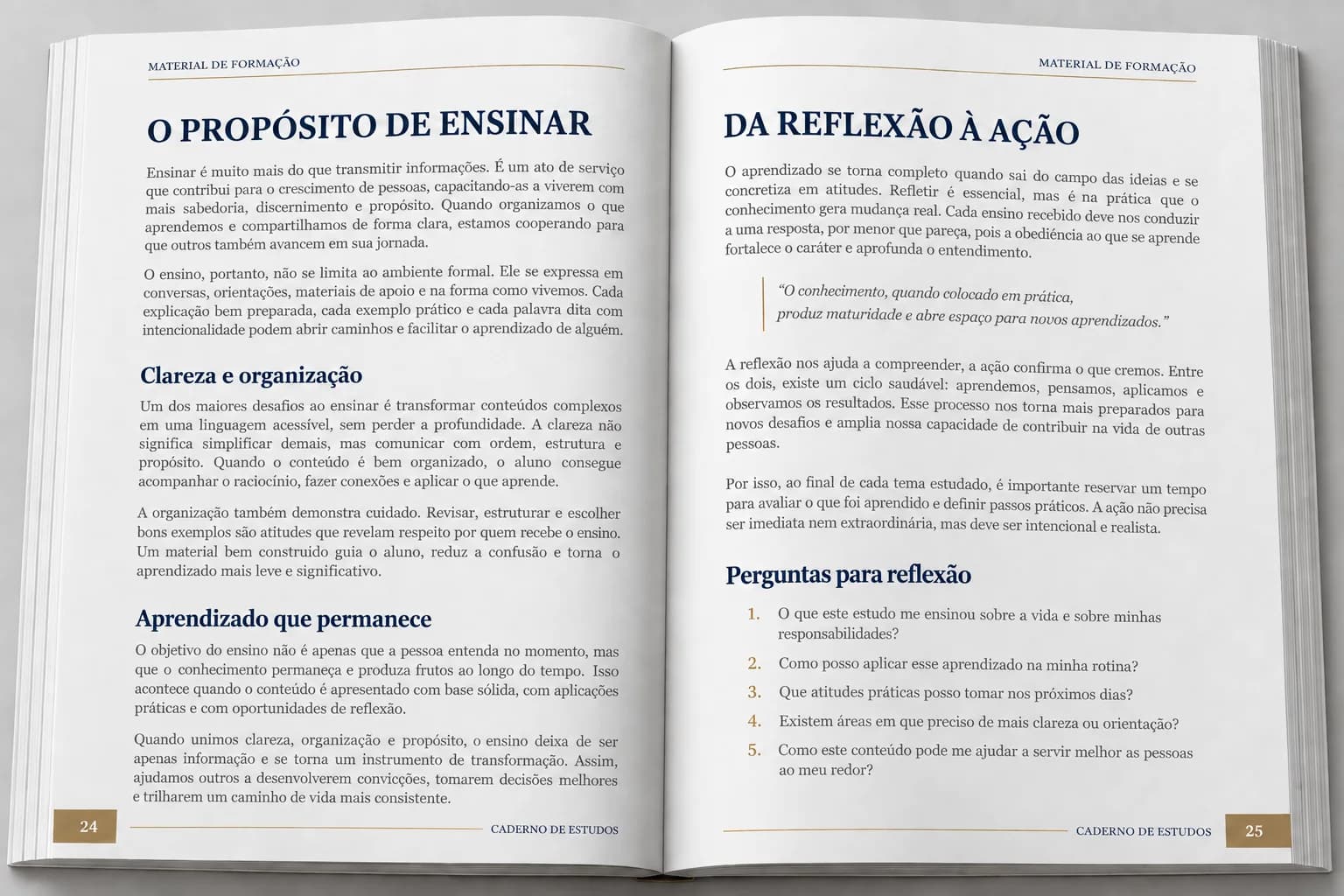 Caderno de estudos aberto com títulos, intertítulos, citação em destaque e perguntas para reflexão