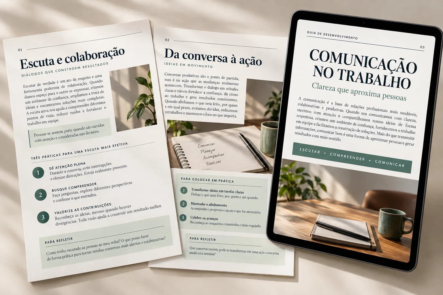 Folhas impressas e tablet com páginas de um guia de desenvolvimento sobre comunicação no trabalho